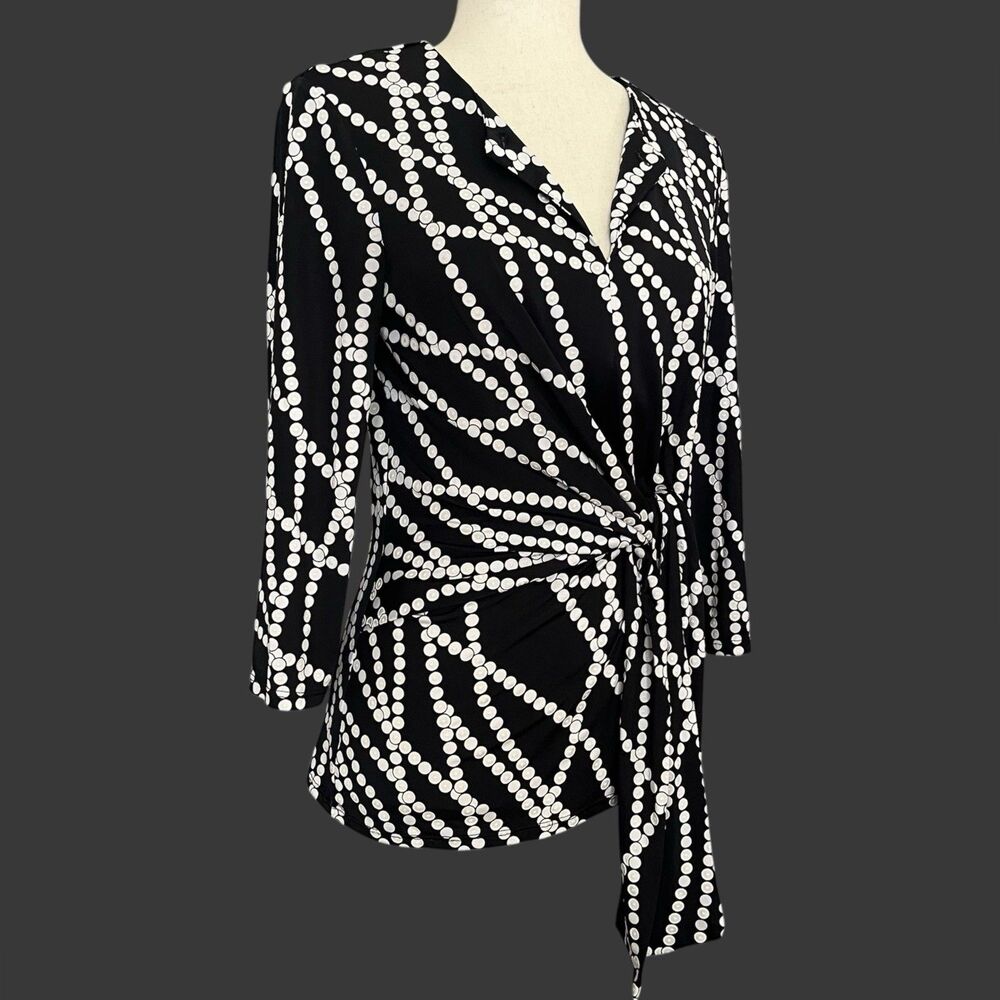 Frank Lyman Polka Dot Wrap Top Size 4 Neutrals Classy Career Office Professional